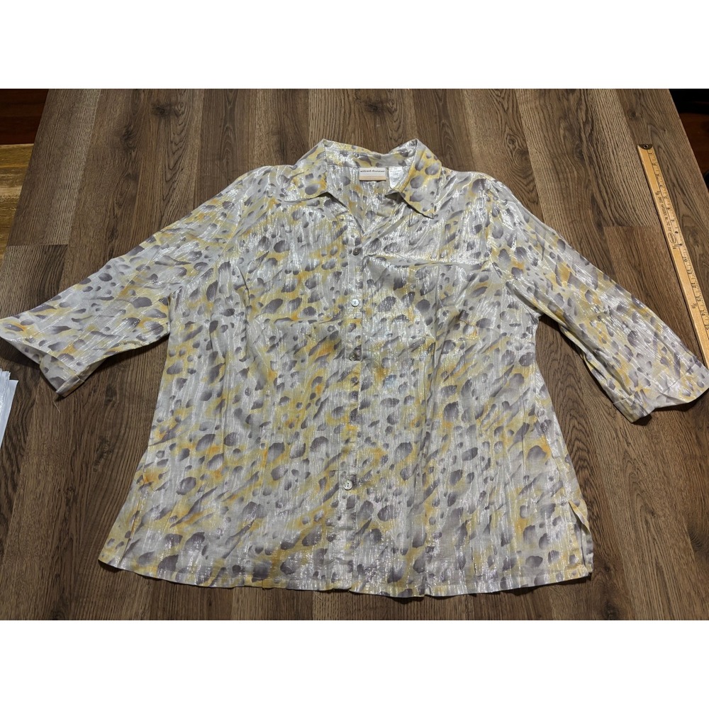 Alfred Dunner Shirt Woman Size 20W Gray Yellow Metallic Button Down Animal Print